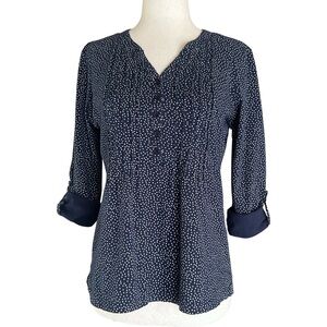 L.L. Bean Cotton Split Neck Long Sleeve Tunic - XS - Navy Blue, White Polka Dots